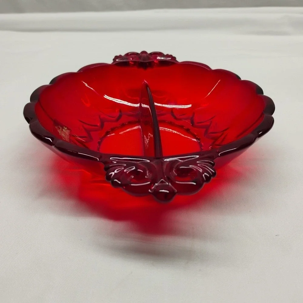 Viking Glass Red Ruby Sectioned Candy‎ Trinket Dish Bowl Original Sticker